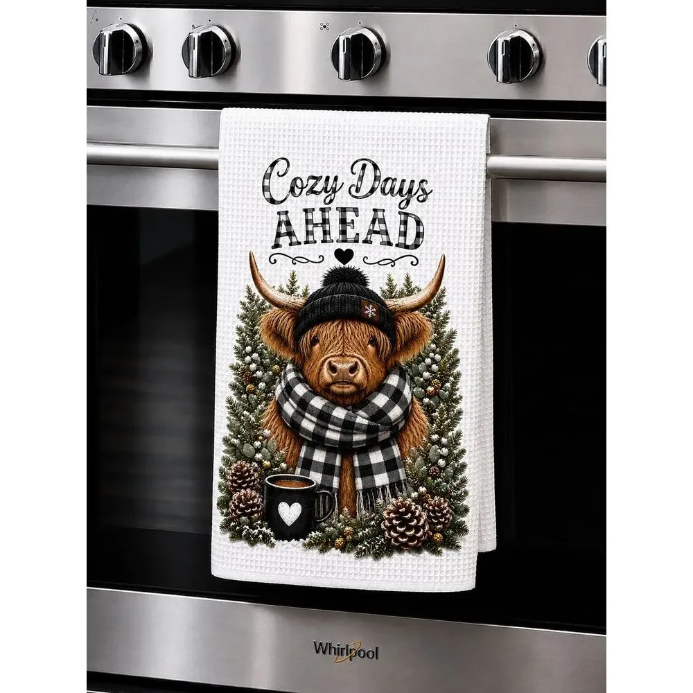 Highland Cow Cozy Days Ahead Winter Kitchen Towel Farmhouse Decor